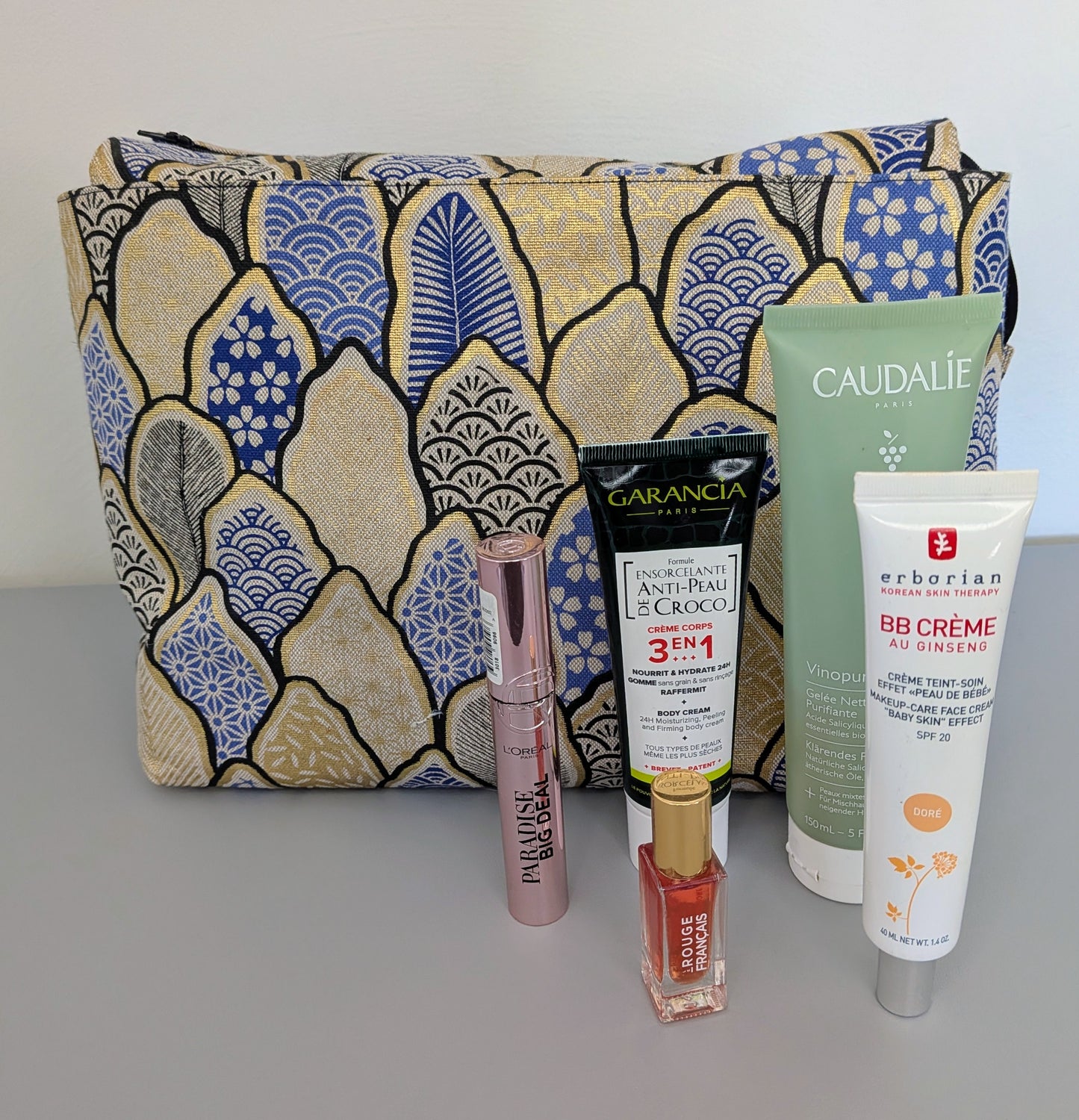 Trousse de toilette grand format – bleu/doré floral - pratique, spacieuse et artisanale