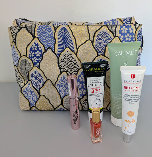 Trousse de toilette grand format – bleu/doré floral - pratique, spacieuse et artisanale